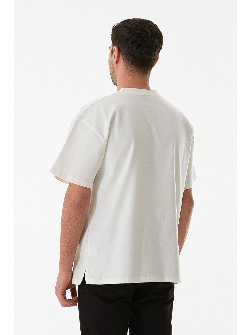 Ekru Basic Bisiklet Yaka Oversize Tişört-3