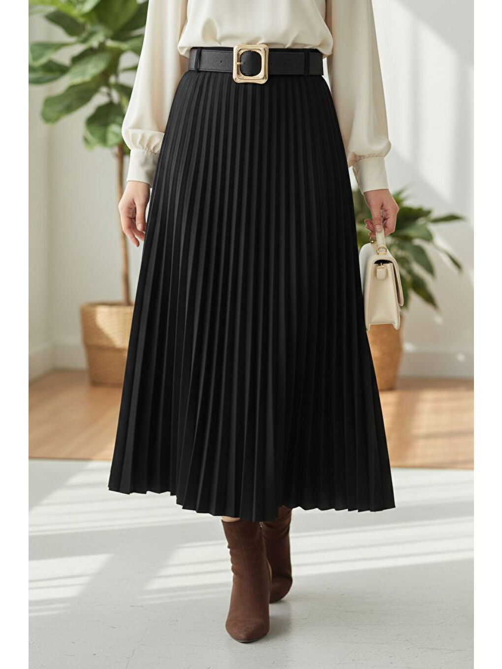 Piliseli Kemerli Süet Etek Siyah - 28092-SIYAH-1