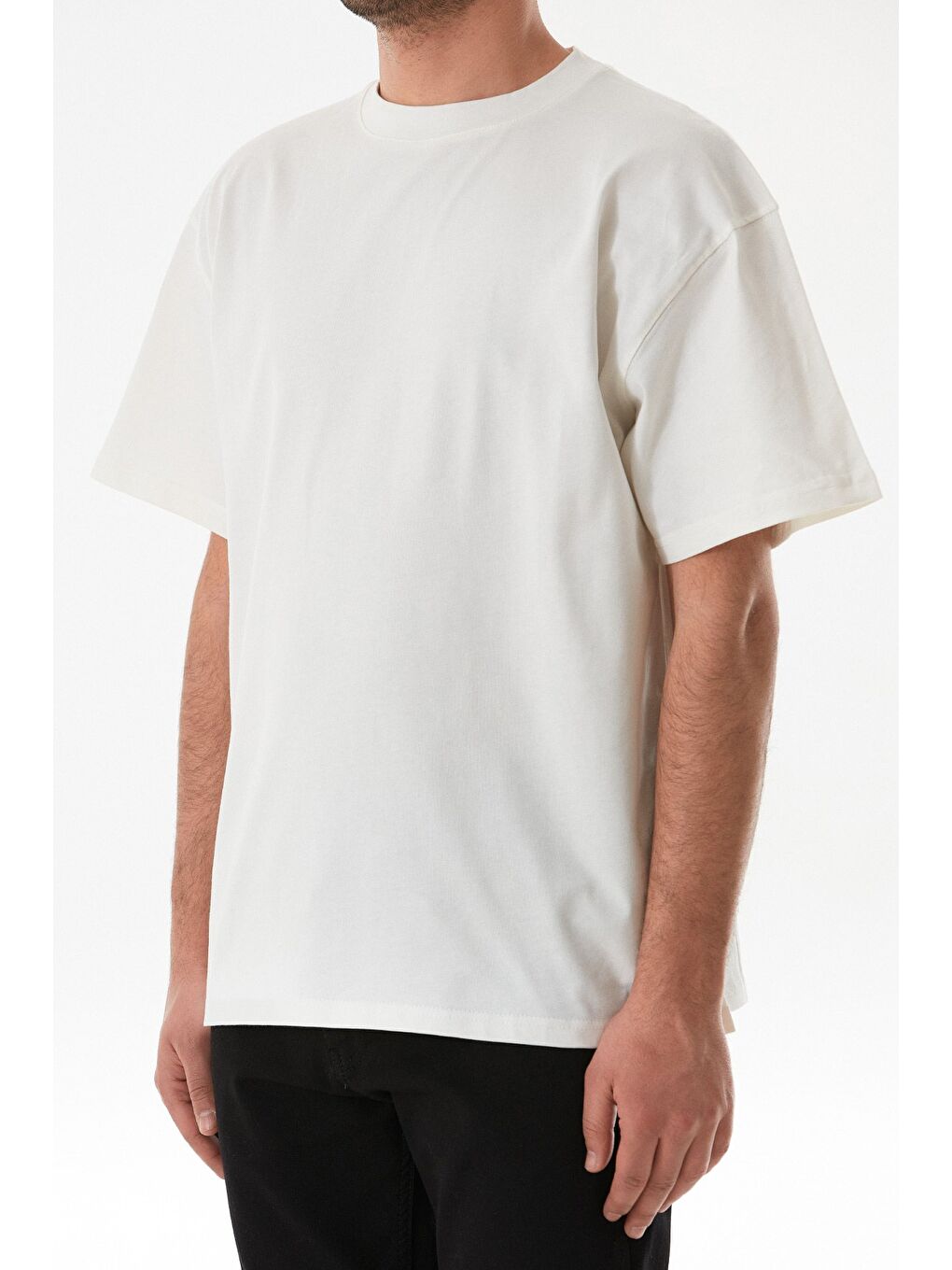 Ekru Basic Bisiklet Yaka Oversize Tişört-4