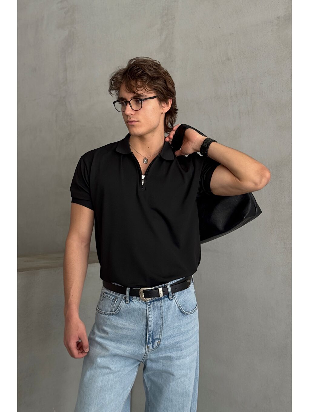 Siyah Erkek Oversize Fermuarlı Polo Yaka Triko T-Shirt-2