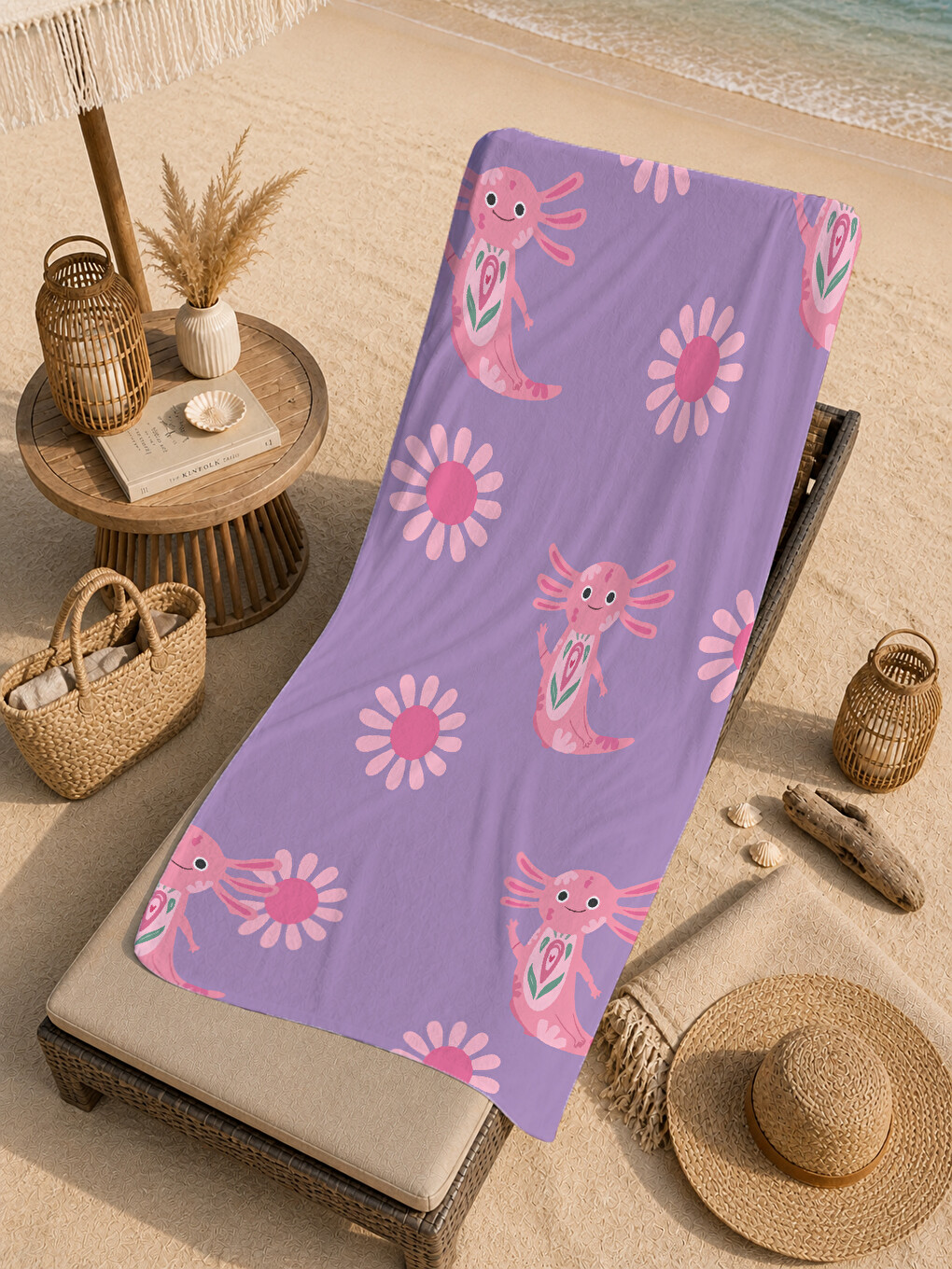Lila Pembe Aksolotl Ve Papatya Desenli 70x150 Cm Dijital Baskılı Plaj Ve Banyo Havlusu-4