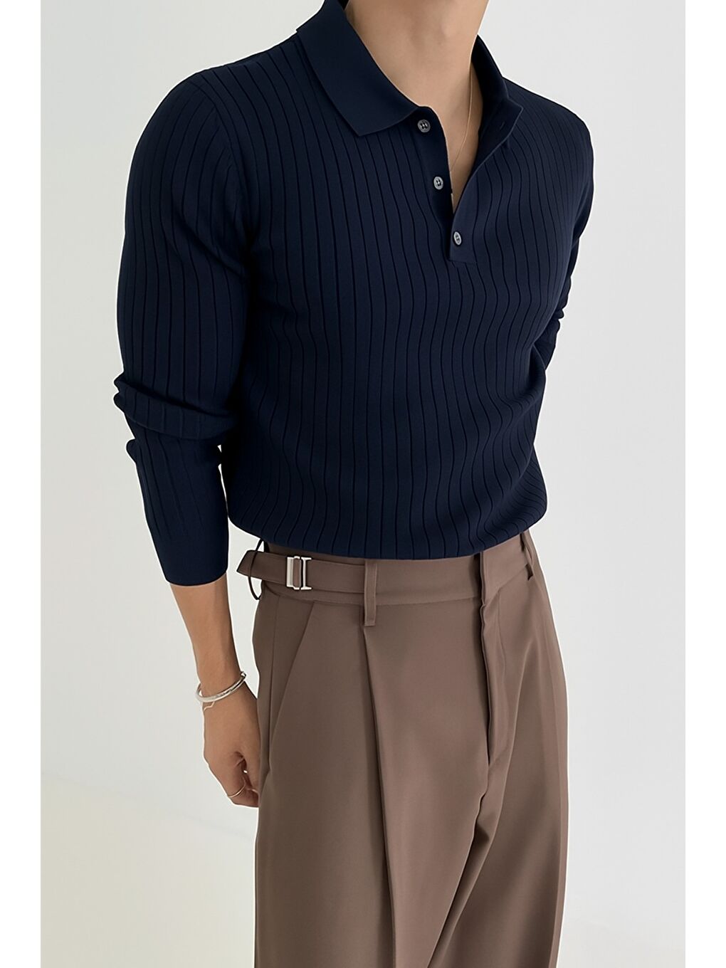 Lacivert Erkek Düğmeli Polo Yaka Triko Kazak-1