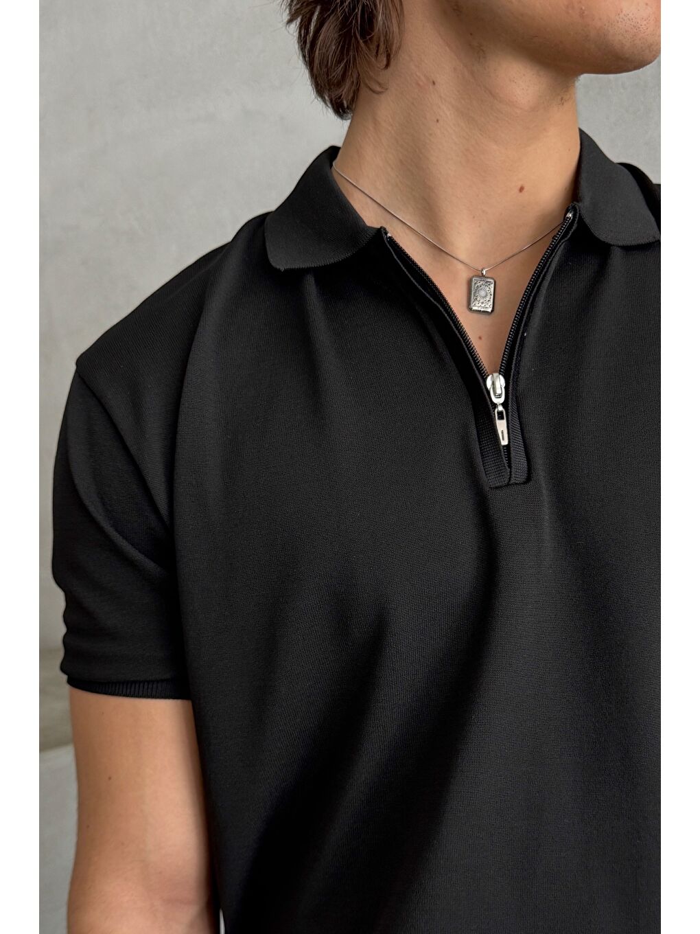 Siyah Erkek Oversize Fermuarlı Polo Yaka Triko T-Shirt-3
