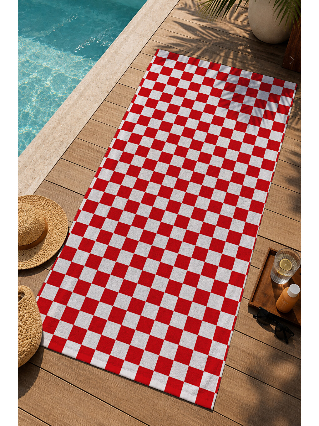 Kırmızı Beyaz Dama Desenli 70x150 Cm Dijital Baskılı Plaj Ve Banyo Havlusu-2