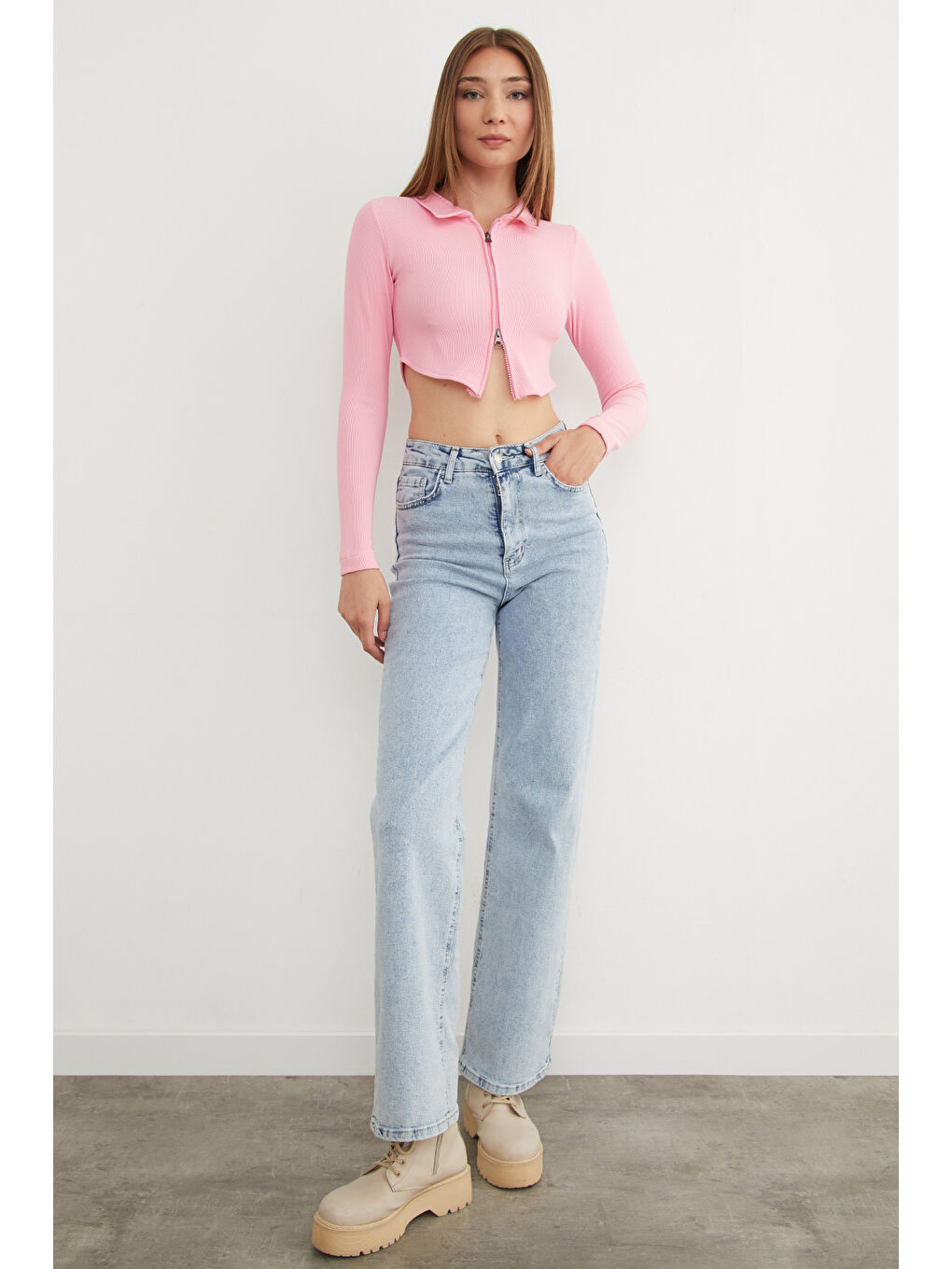 Pembe Çift Fermuarlı Polo Yaka Bluz-1