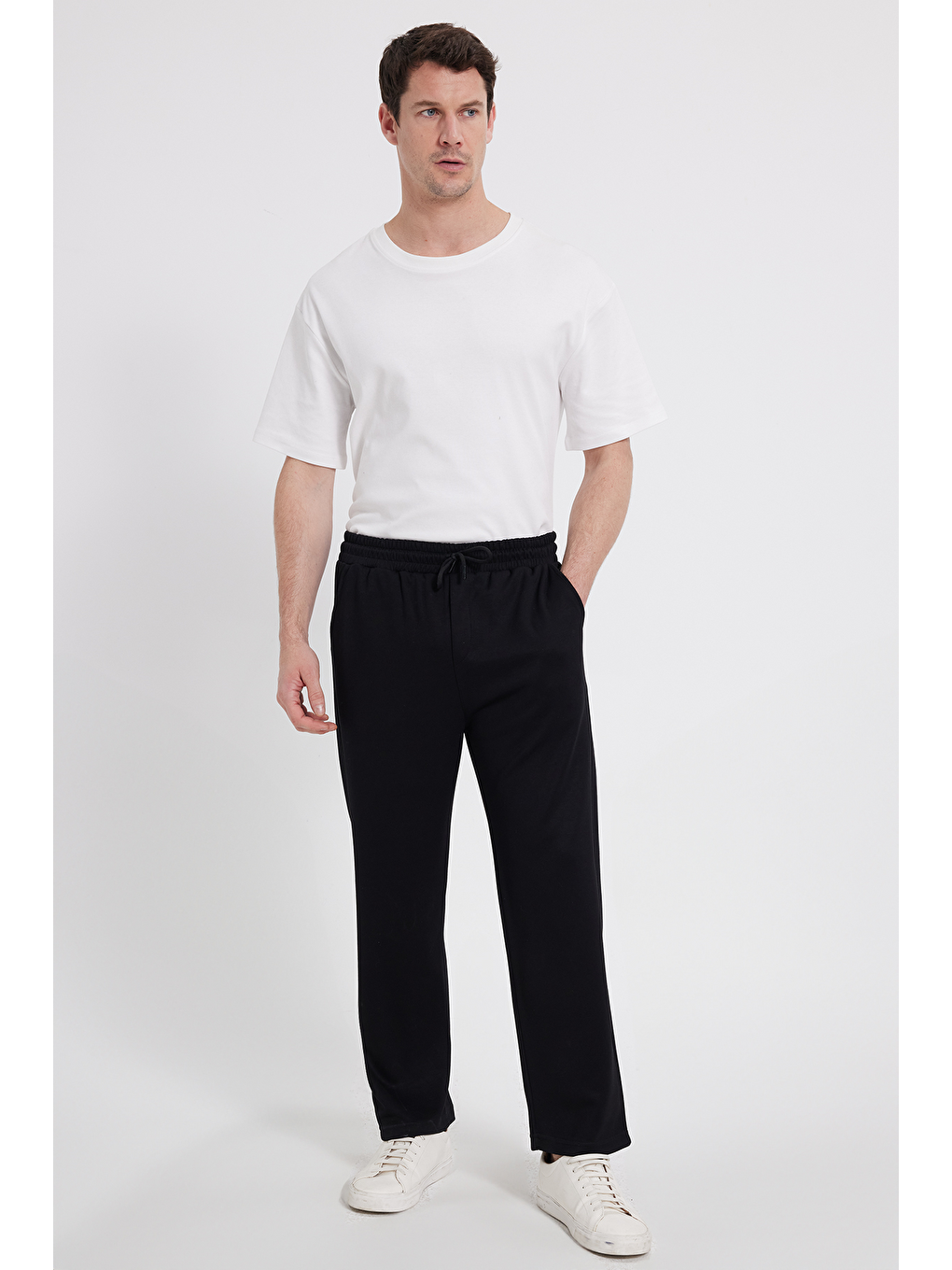 Erkek Siyah Baggy Fit Rahat Kesim Modal Kumaş Soft Doku Beli Bağcıklı Yan Cepli Eşofman Altı-6