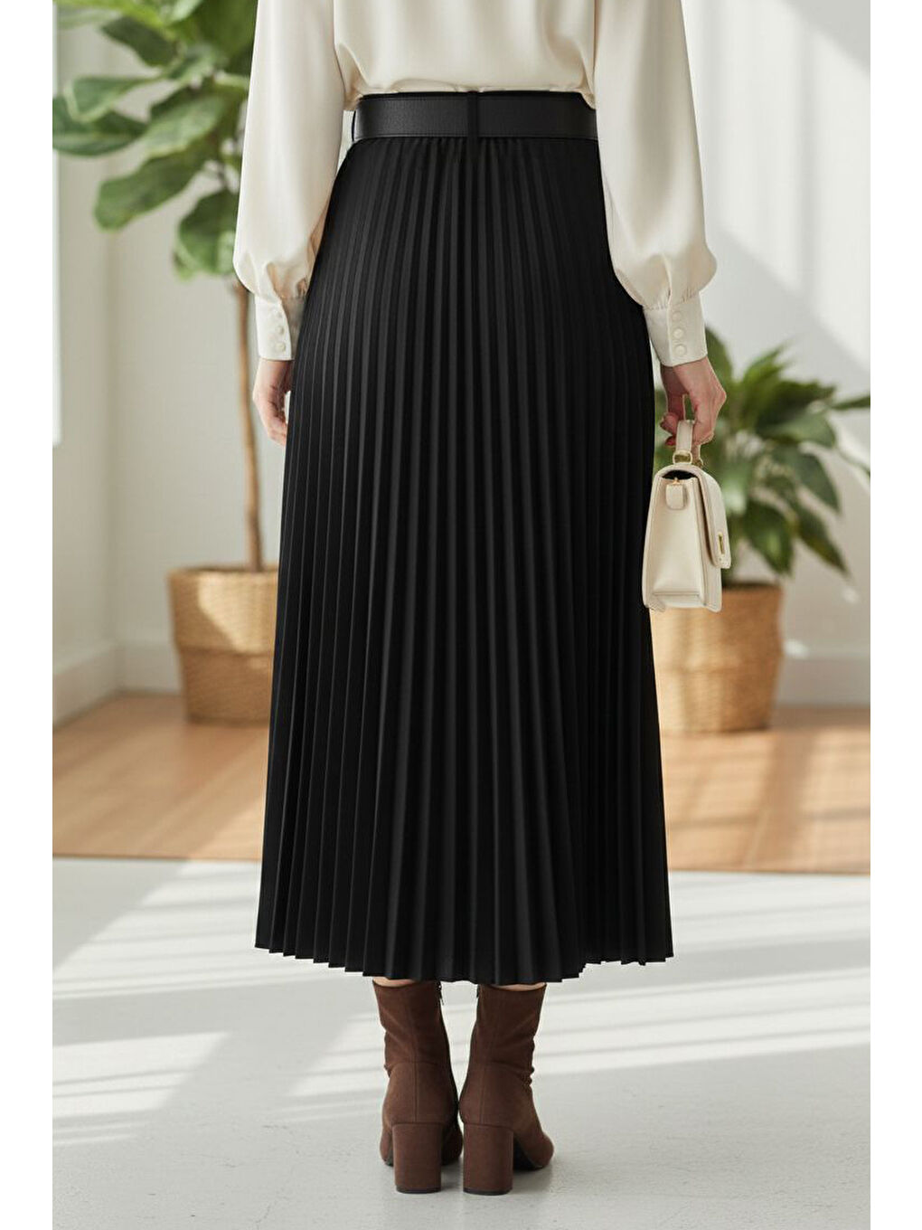 Piliseli Kemerli Süet Etek Siyah - 28092-SIYAH-2