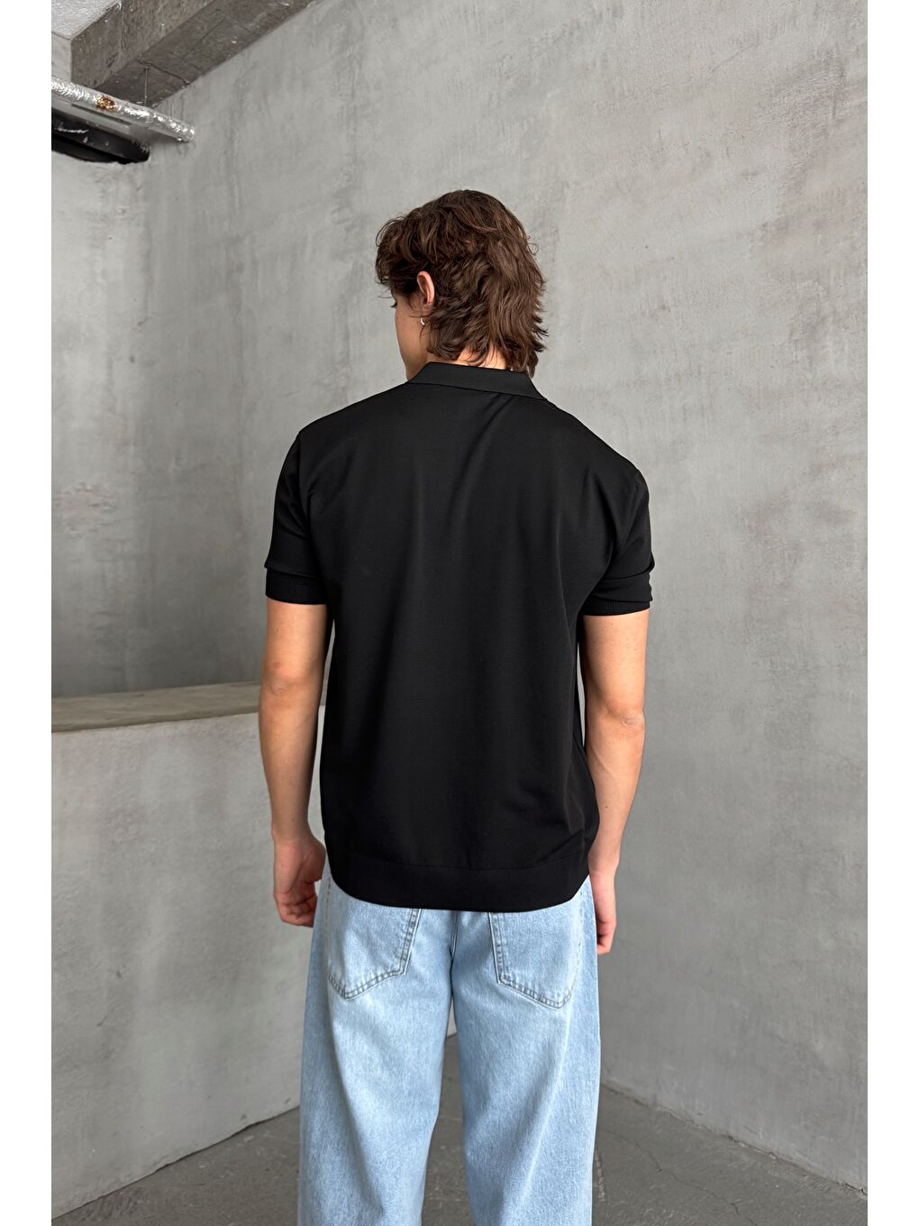 Siyah Erkek Oversize Fermuarlı Polo Yaka Triko T-Shirt-4