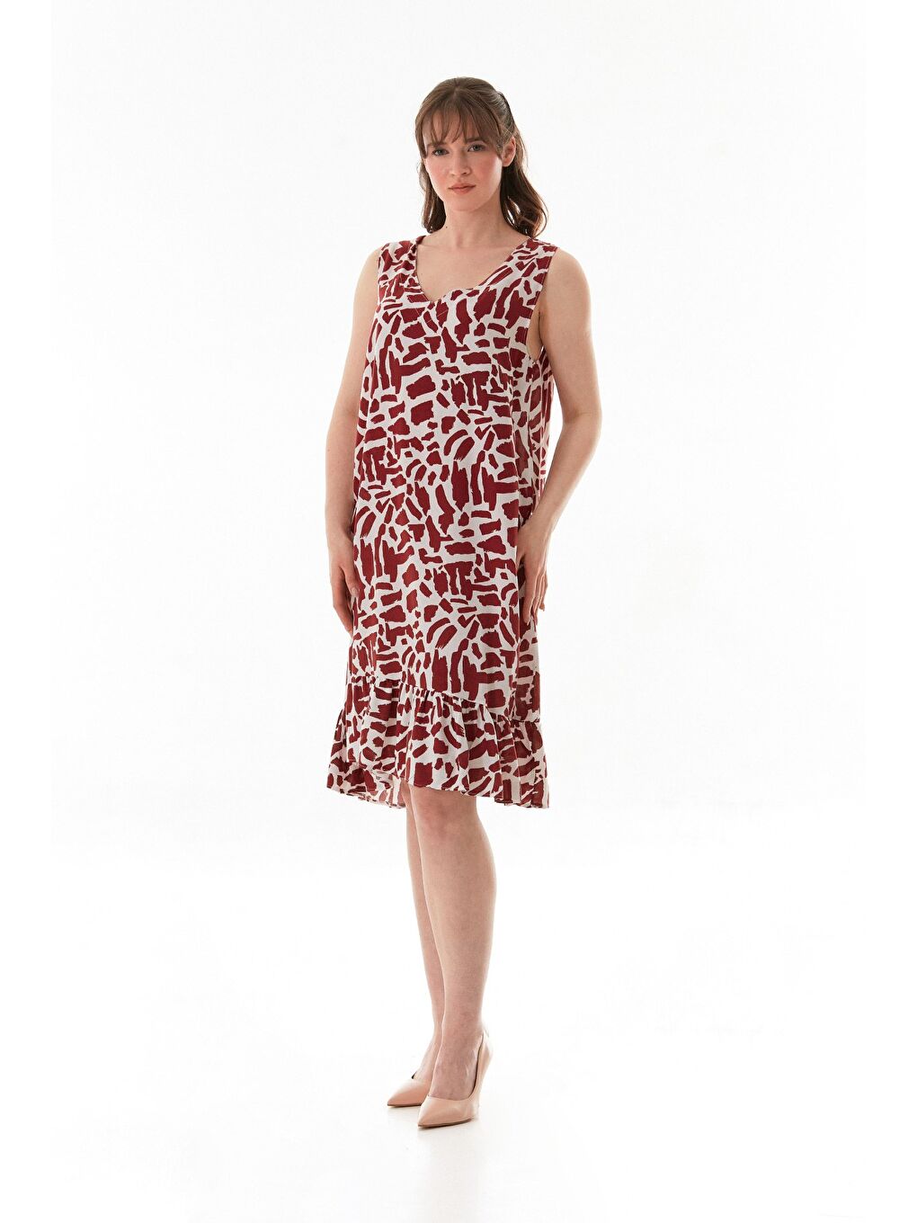 Bordo Desenli V Yaka Eteği Fırfırlı Elbise-1