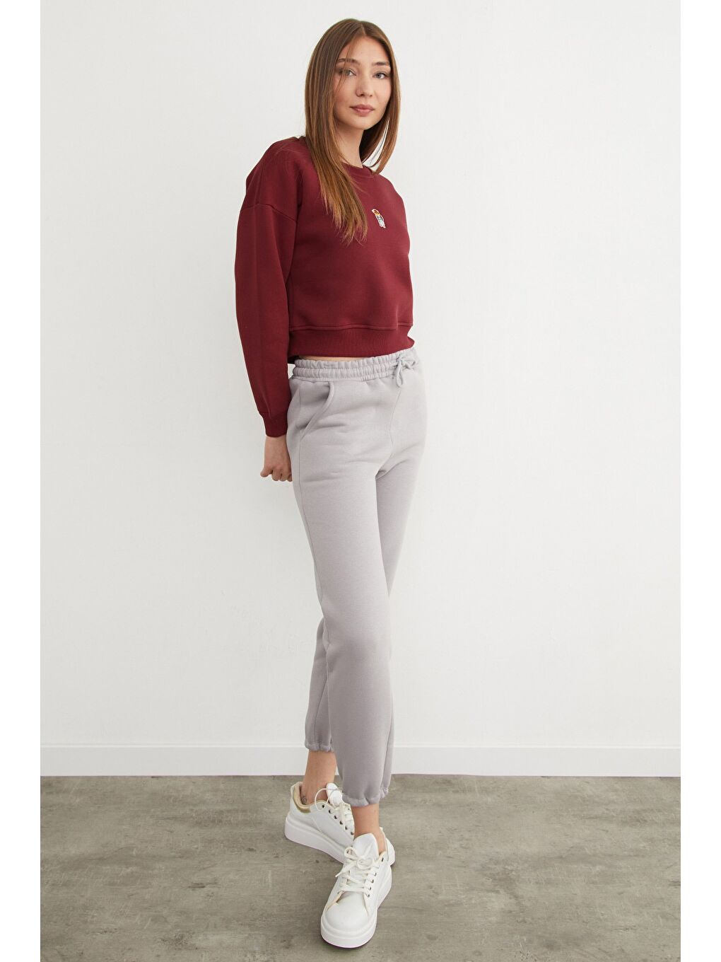 Bordo 3 İplik Ayıcık Nakışlı Bisiklet Yaka Sweatshirt-1