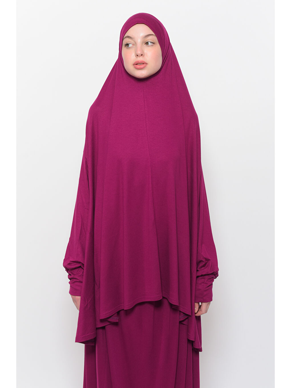 Fuşya İki Parça Pamuklu Yarasa Kollu Başörtülü Organik Terletmez  Elbise-4