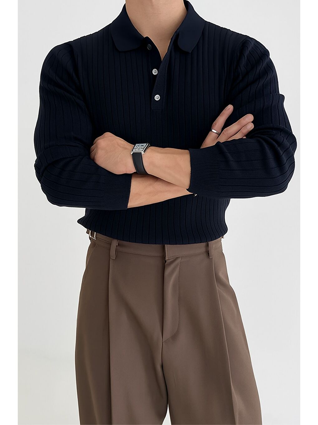 Lacivert Erkek Düğmeli Polo Yaka Triko Kazak-2