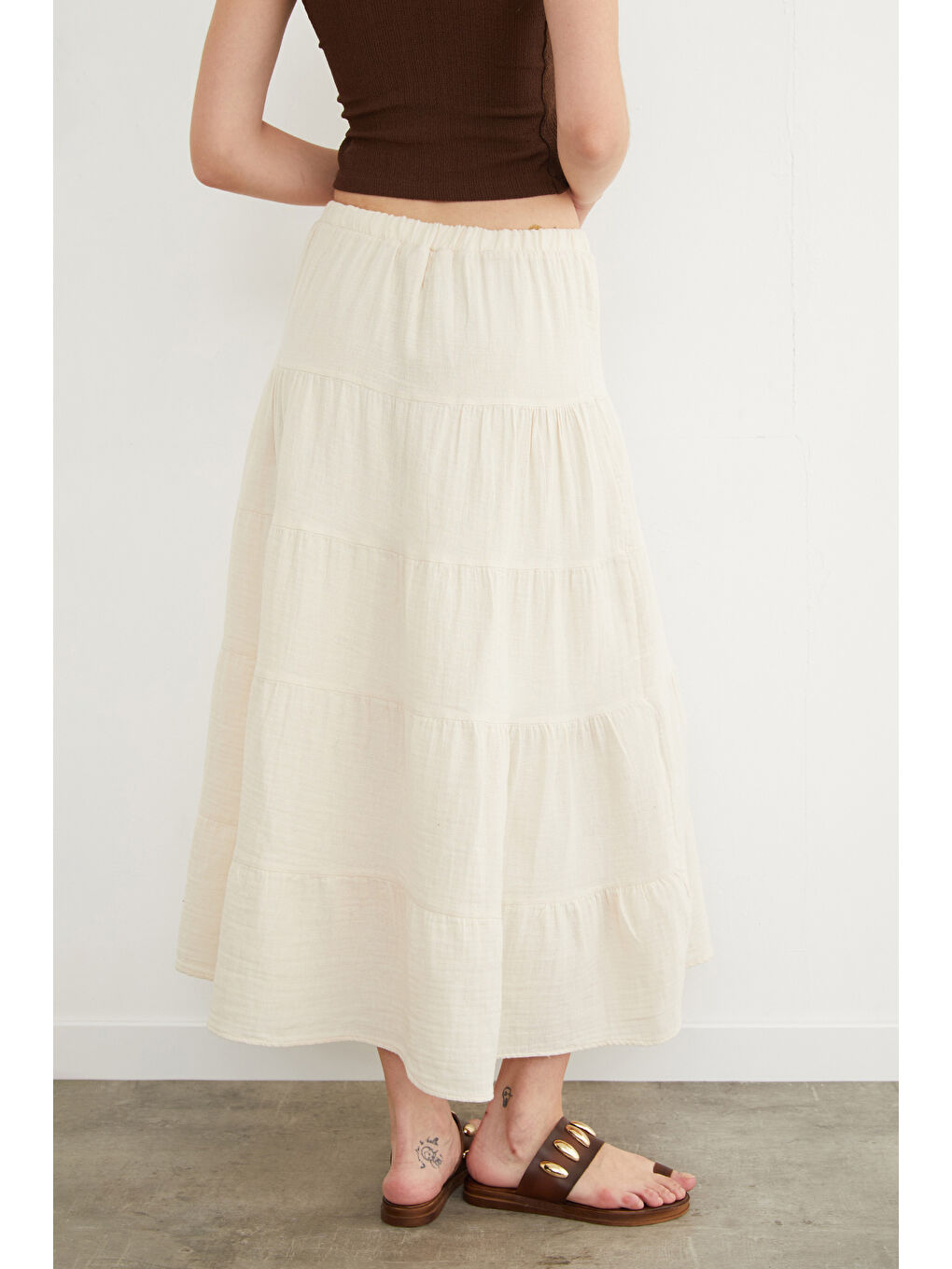 Bej Beli Lastikli Keten Görünümlü Etek-4