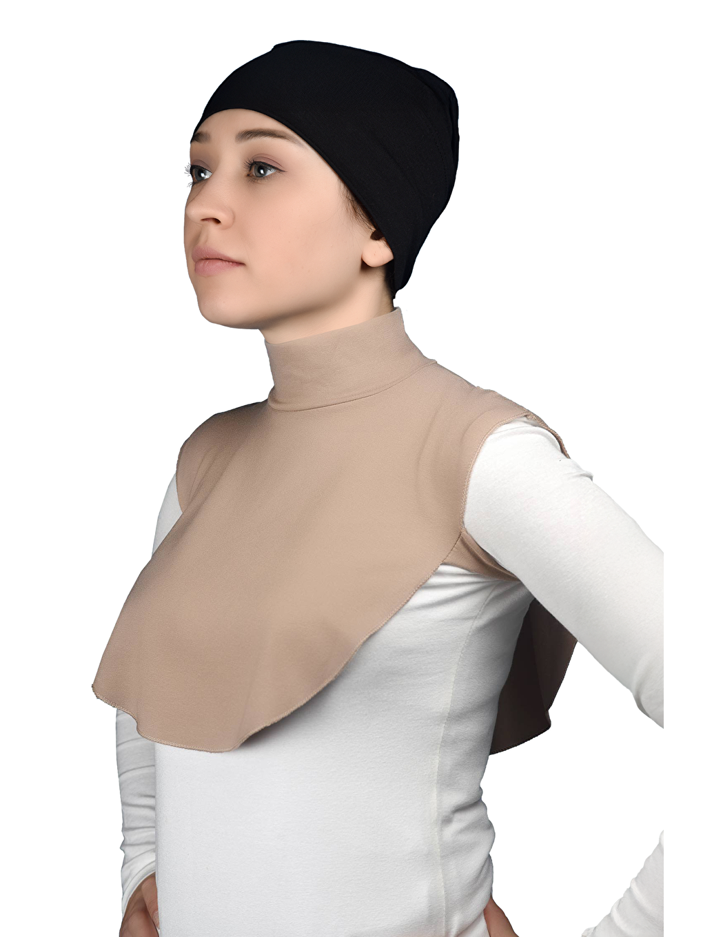 Bej Düz Balıkçı Yaka Boğazlı Penye Tesettür Boyunluk-1