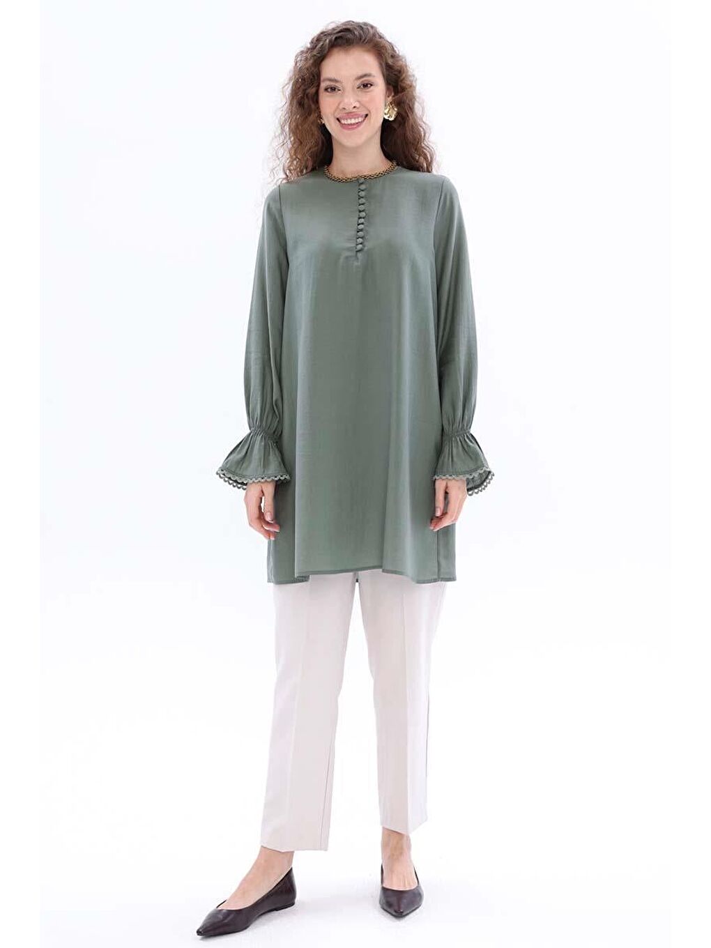 Haki Fisto Detaylı Düğmeli Tunik-1