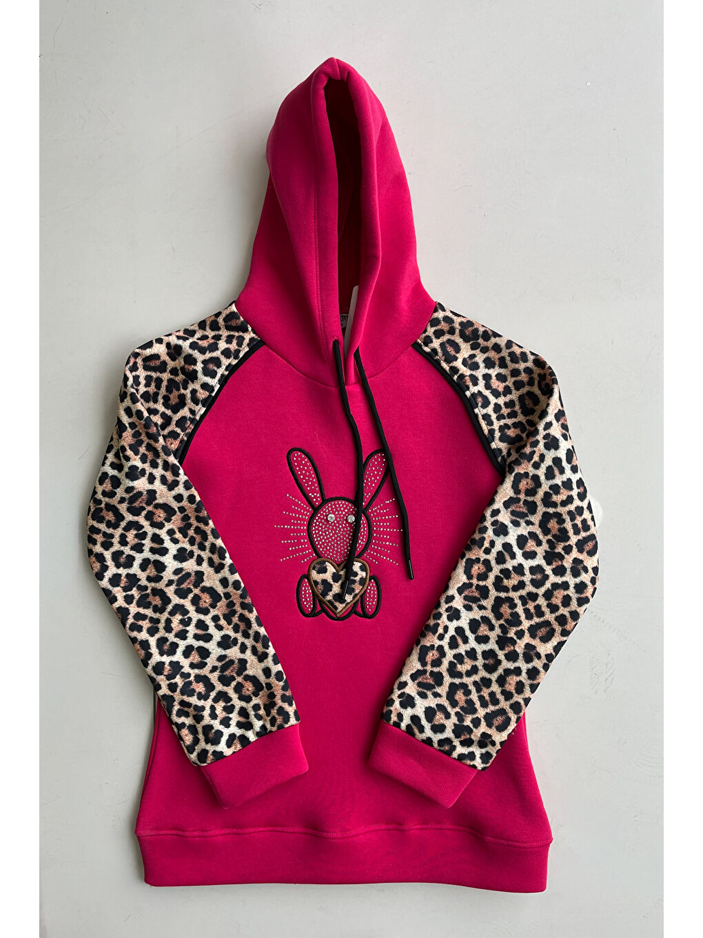 Fuşya Kız Çocuk 3 İplik Alt-Üst Takım Kapüşonlu Rotasyon Desenli Nakış ve Taş Baskılı 12311-1