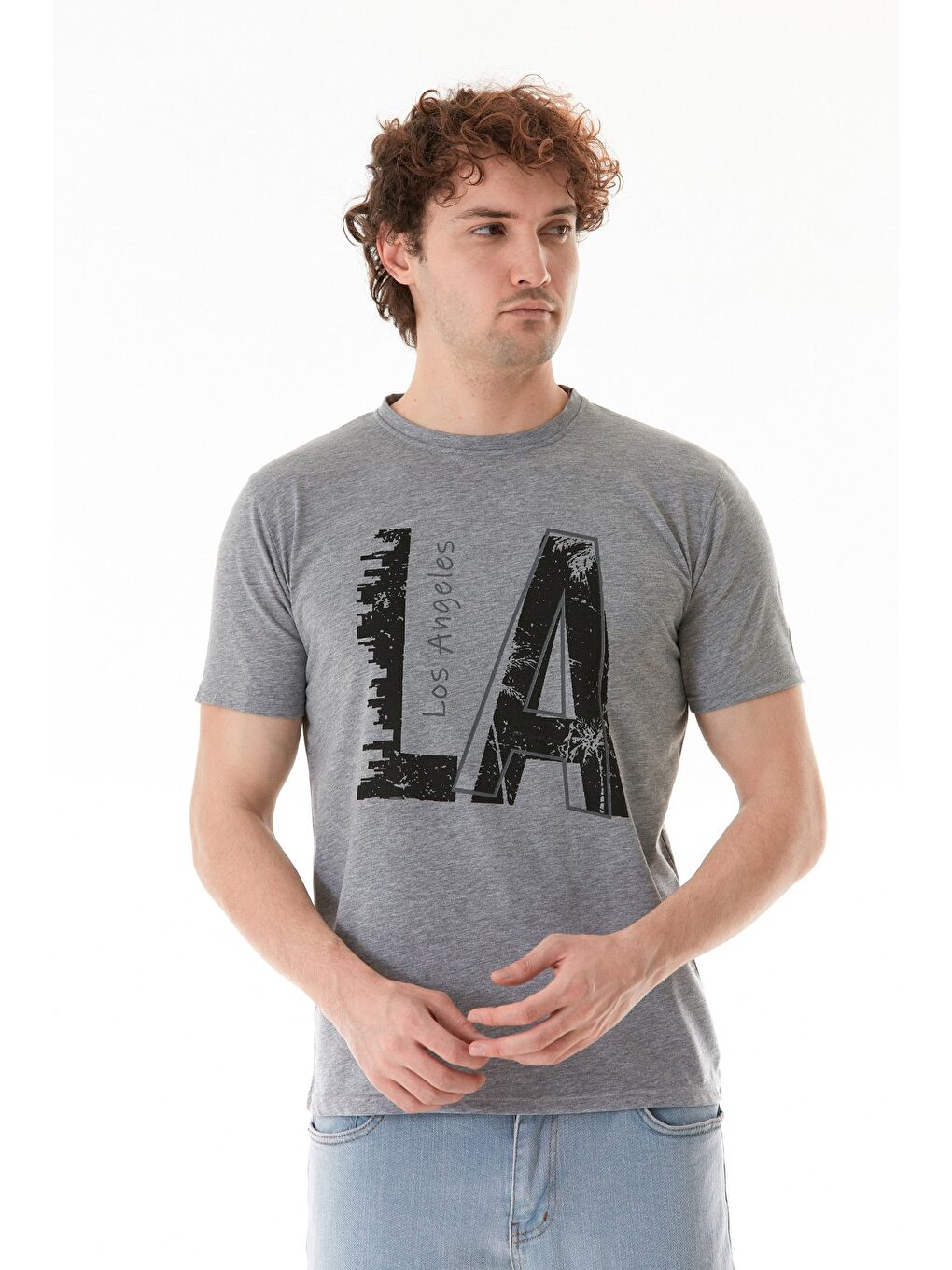 Gri Los Angeles Yazı Baskılı Bisiklet Yaka Tişört
