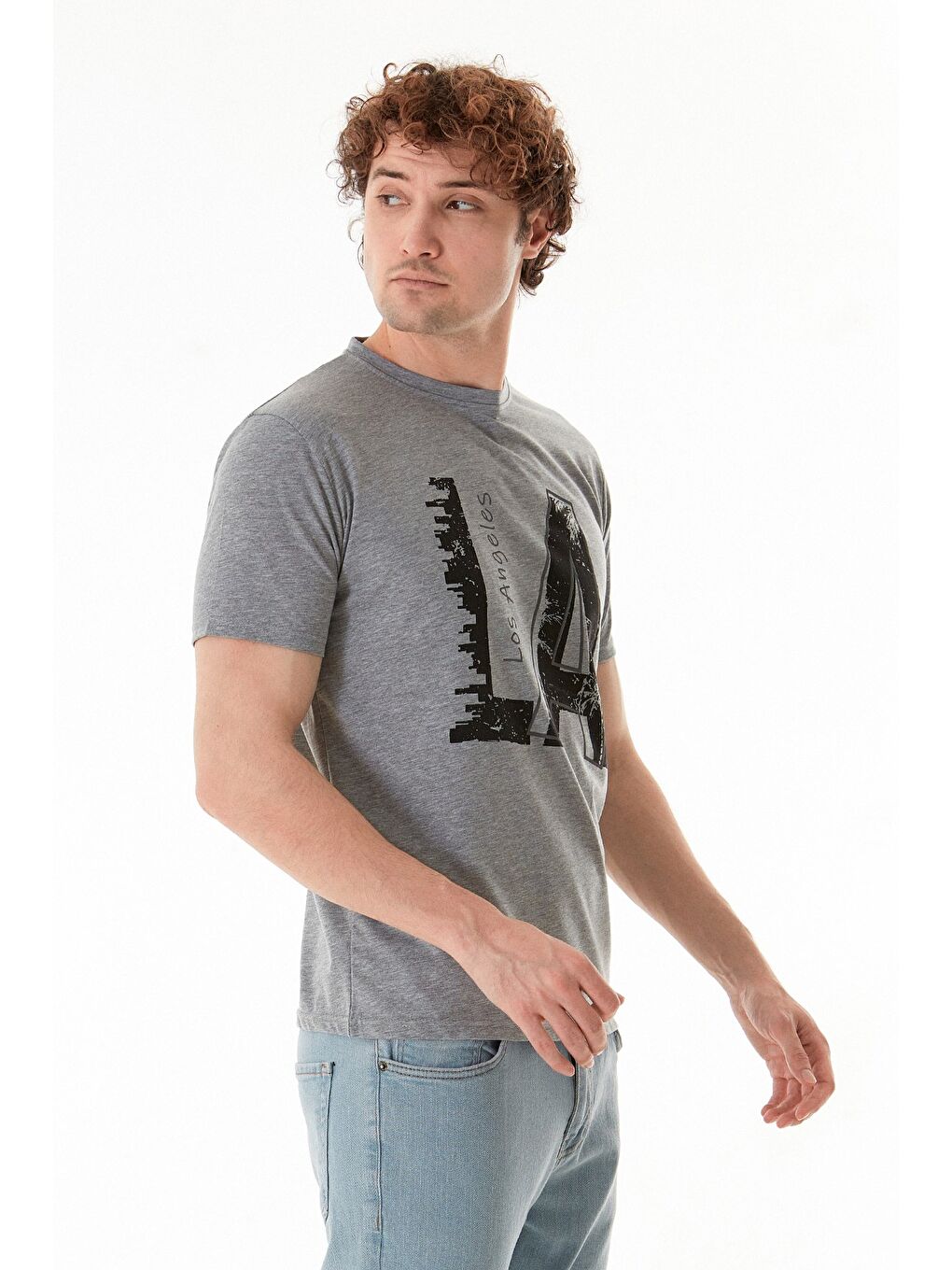 Gri Los Angeles Yazı Baskılı Bisiklet Yaka Tişört-2