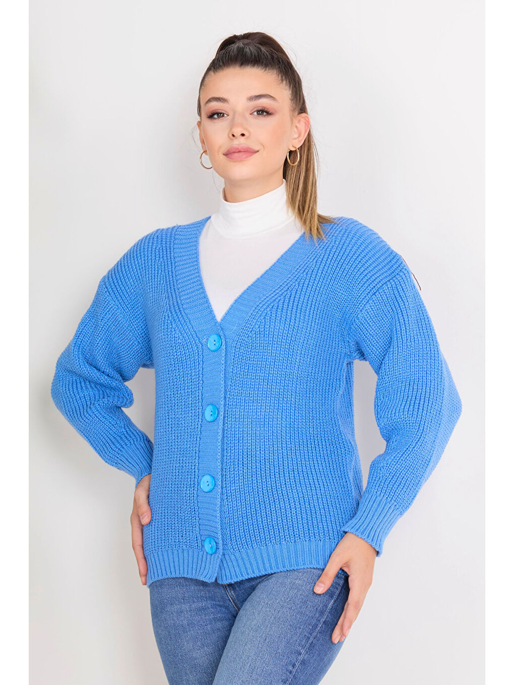 Düğmeli Triko Hırka Mavi - 27651-1