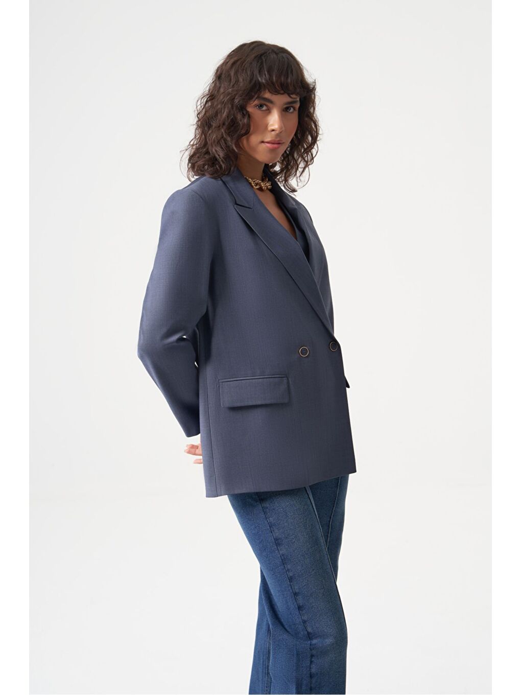 MZL Mavi Yün Karışımlı Rahat Kesim Tek Düğme Anvelop Blazer Ceket-2
