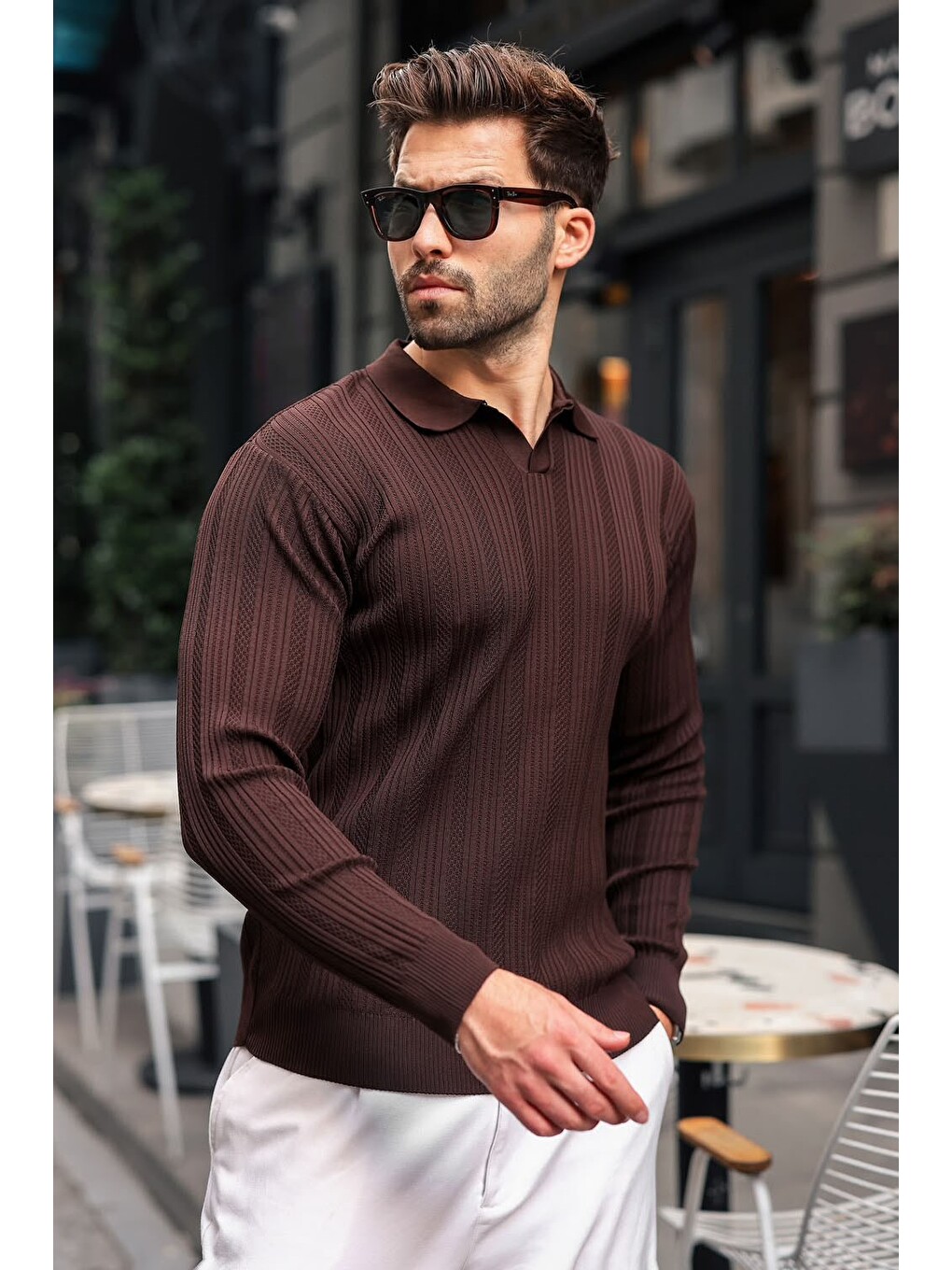 Kahverengi Polo Yaka Desenli Over Fit Erkek Triko Kazak E7517