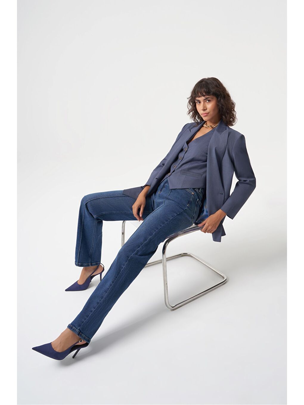 MZL Mavi Yün Karışımlı Rahat Kesim Tek Düğme Anvelop Blazer Ceket-4