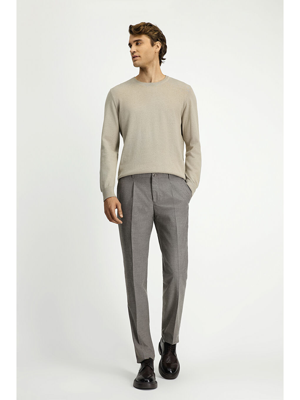 Bej Slim Fit Dar Kesim Elastanlı Pileli Klasik Kumaş Pantolon-1