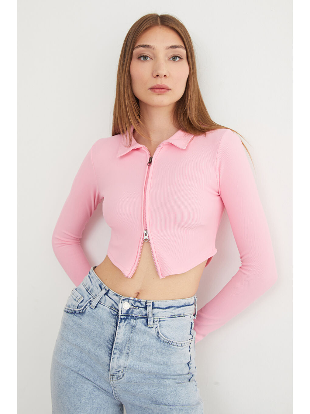 Pembe Çift Fermuarlı Polo Yaka Bluz-2