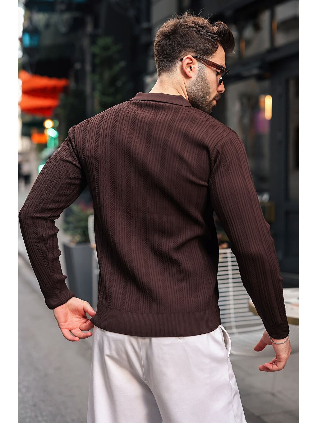 Kahverengi Polo Yaka Desenli Over Fit Erkek Triko Kazak E7517-1