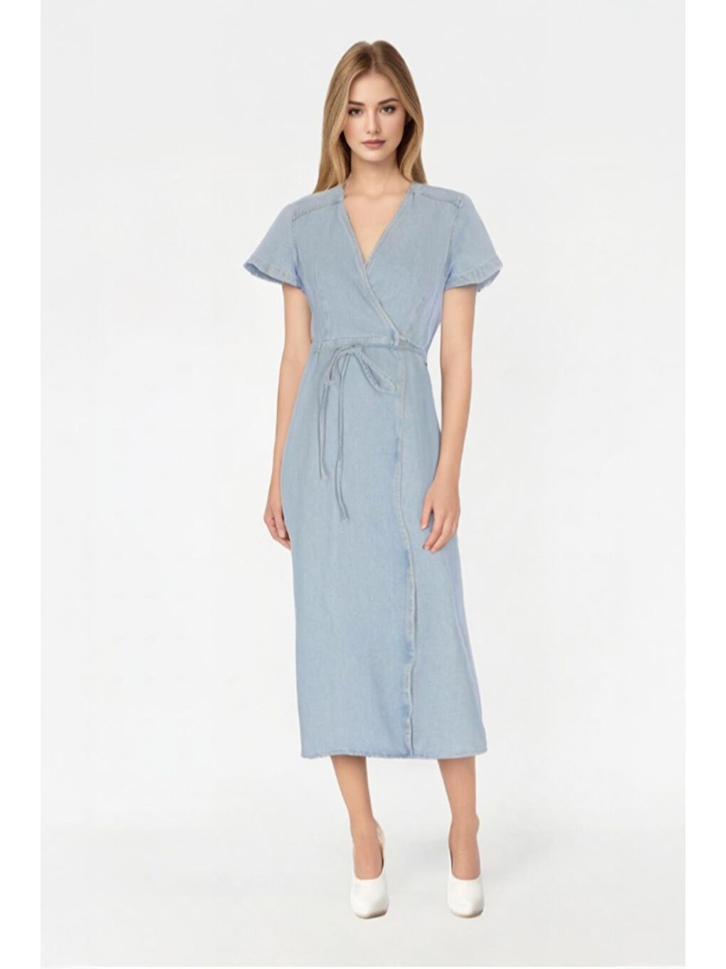 Açık Mavi Kruvaze Biyeli Kapamalı Maxi Boy Slim Fit Jean Elbise C 4676-069