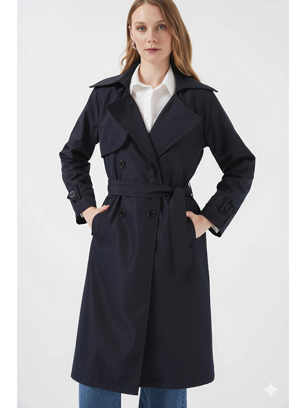 Kadın Lacivert Kruvaze Yaka Kuşaklı Astarlı Trençkot HZL25W-BD159181-1