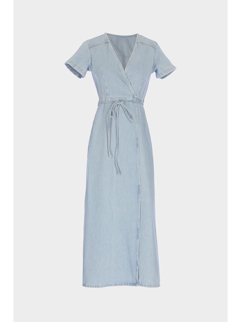 Açık Mavi Kruvaze Biyeli Kapamalı Maxi Boy Slim Fit Jean Elbise C 4676-069-1