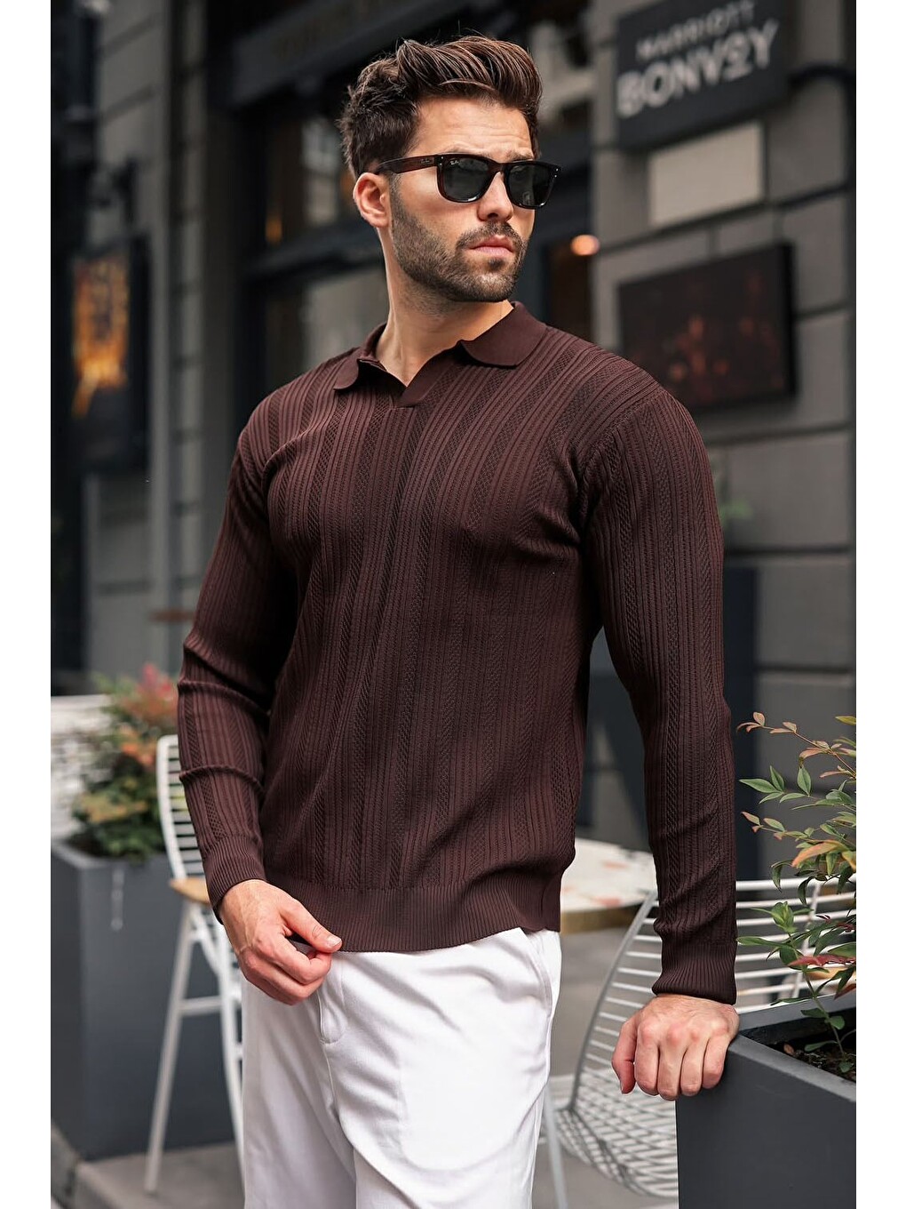 Kahverengi Polo Yaka Desenli Over Fit Erkek Triko Kazak E7517-3