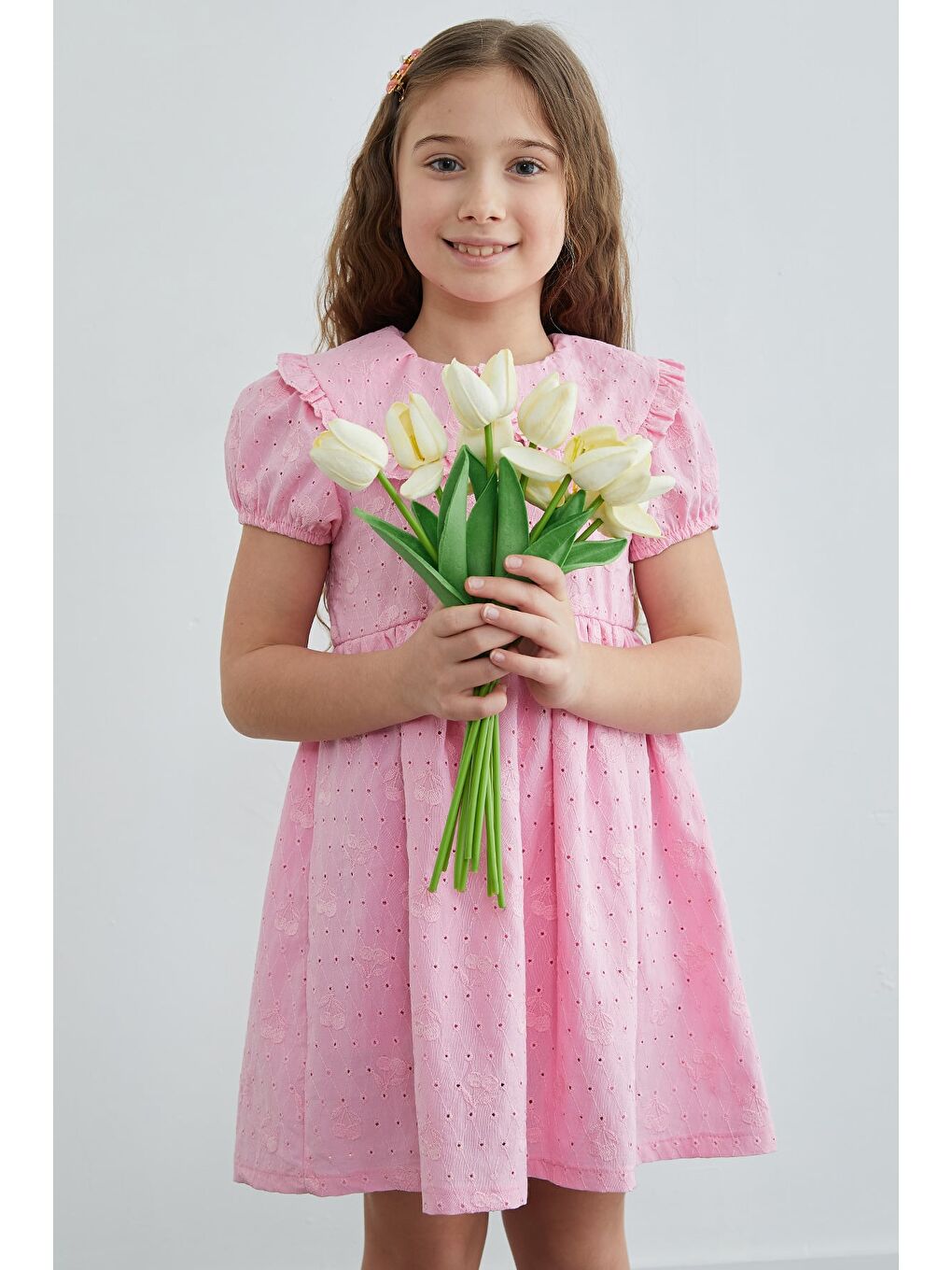 Pembe Kiraz Nakışlı Brode Detaylı Bebe Yaka Kız Çocuk Elbise