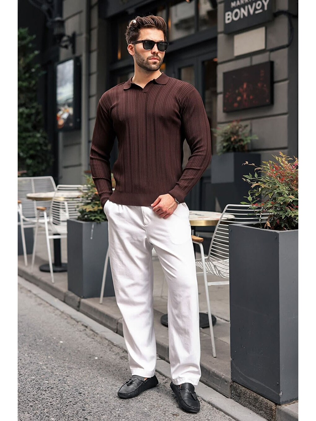 Kahverengi Polo Yaka Desenli Over Fit Erkek Triko Kazak E7517-4