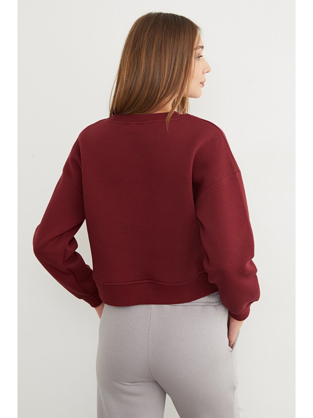 Bordo 3 İplik Ayıcık Nakışlı Bisiklet Yaka Sweatshirt-4