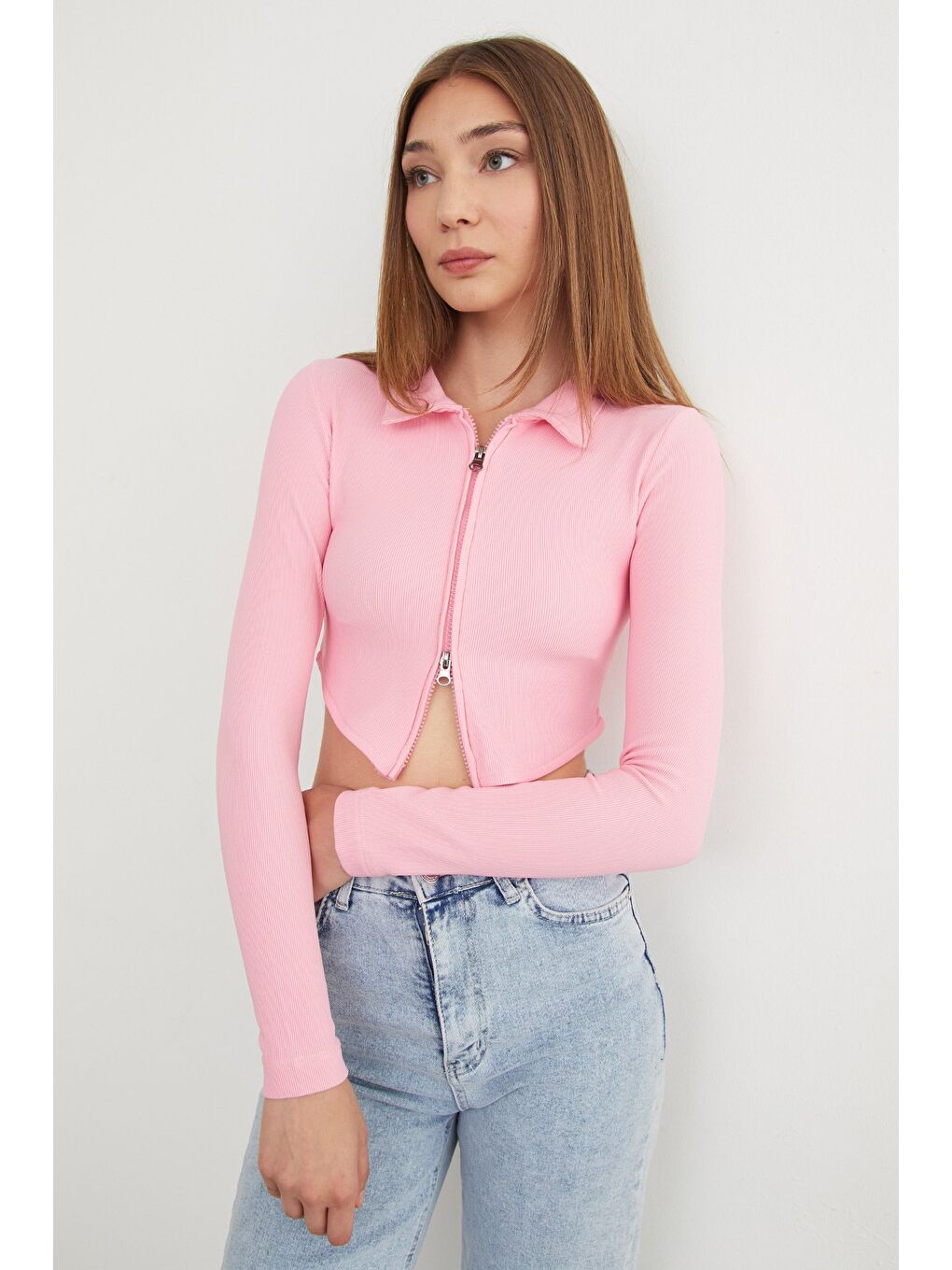 Pembe Çift Fermuarlı Polo Yaka Bluz-3