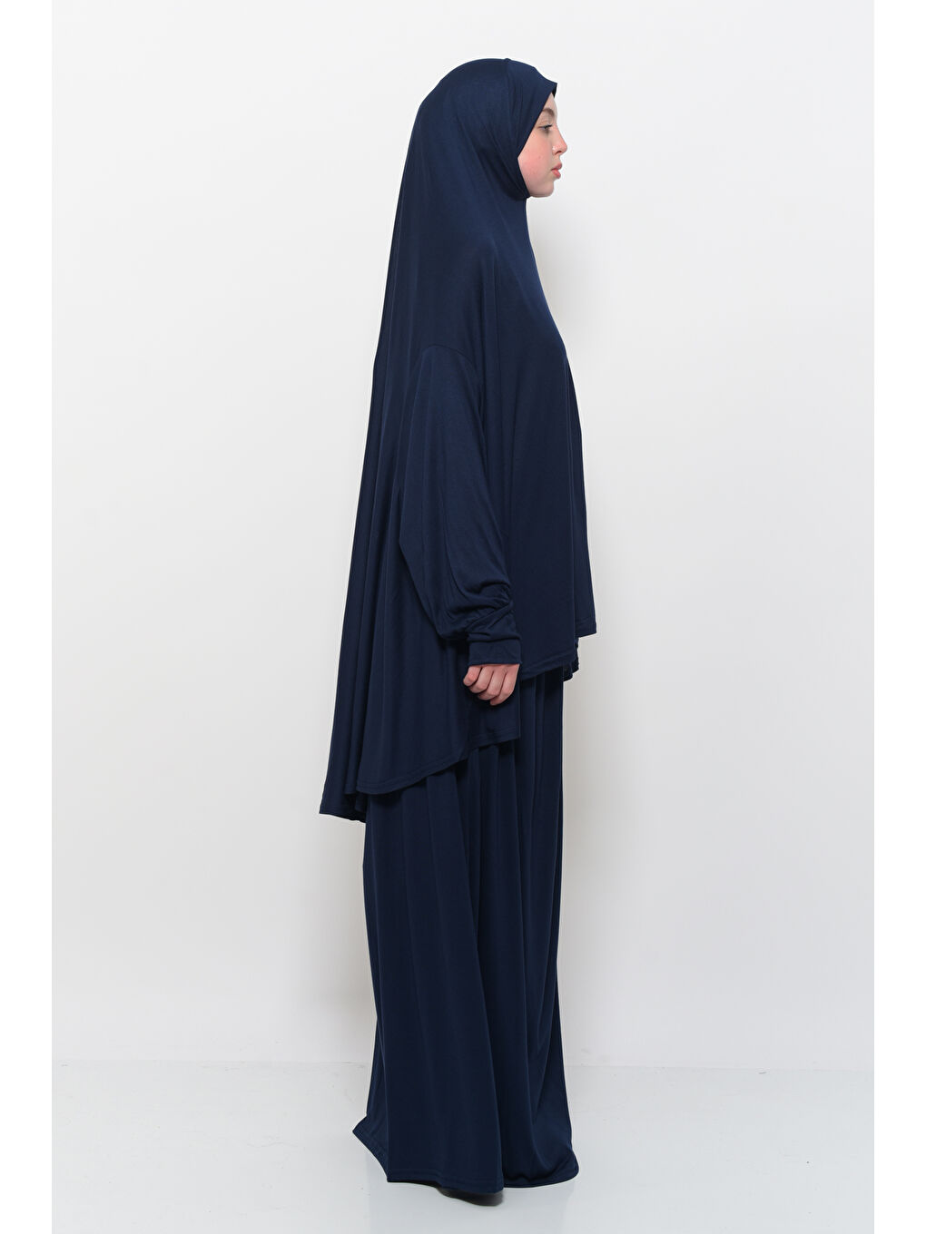 Lacivert İki Parça Pamuklu Yarasa Kollu Başörtülü Organik Terletmez  Elbise-1