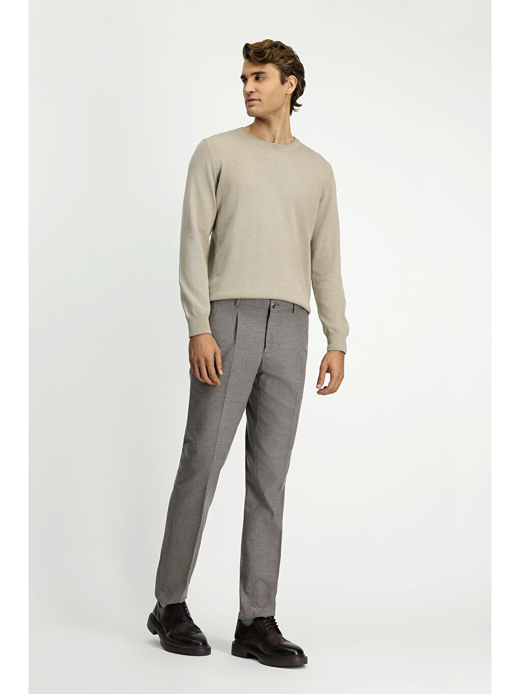 Bej Slim Fit Dar Kesim Elastanlı Pileli Klasik Kumaş Pantolon-2