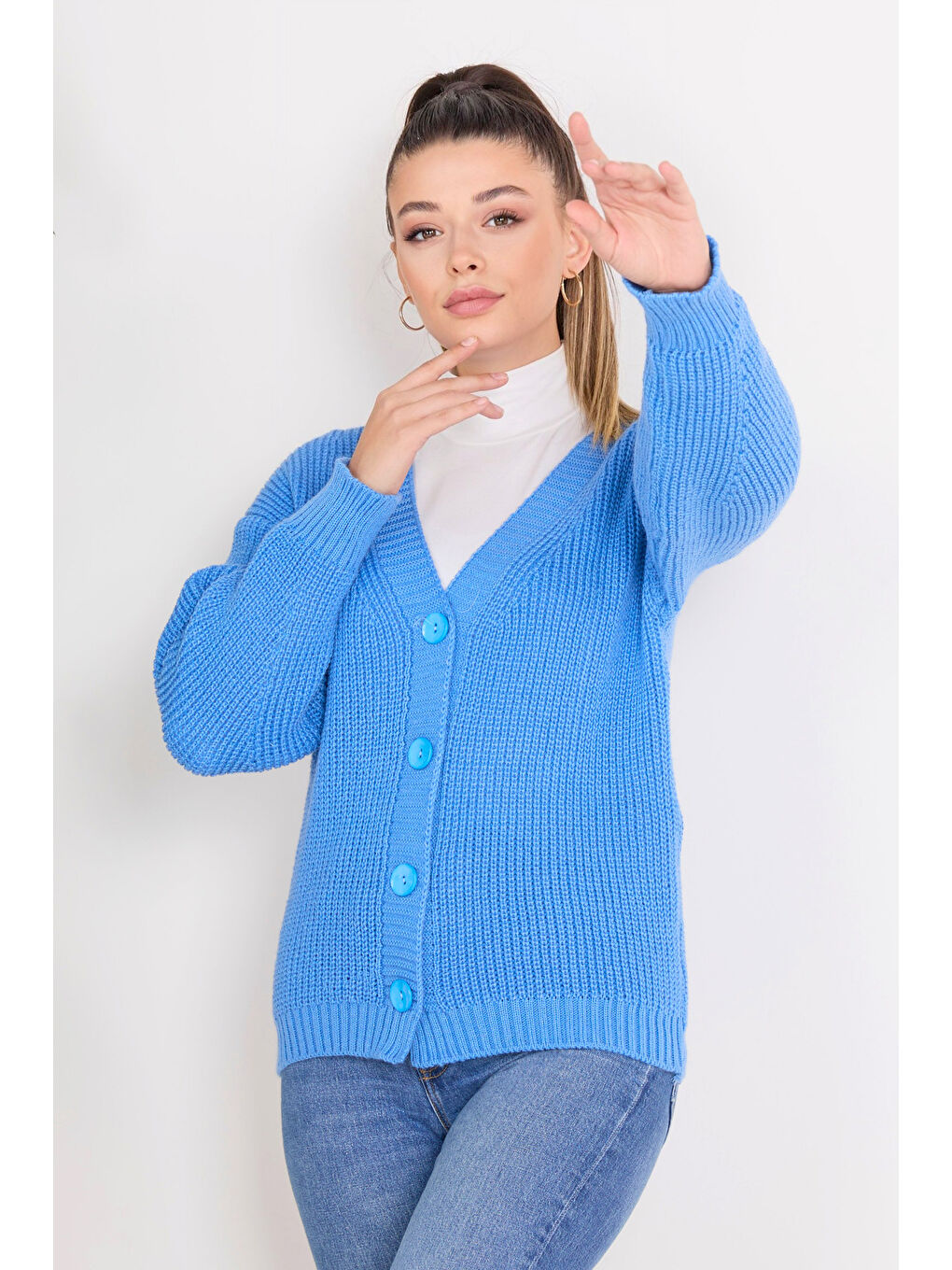 Düğmeli Triko Hırka Mavi - 27651-2