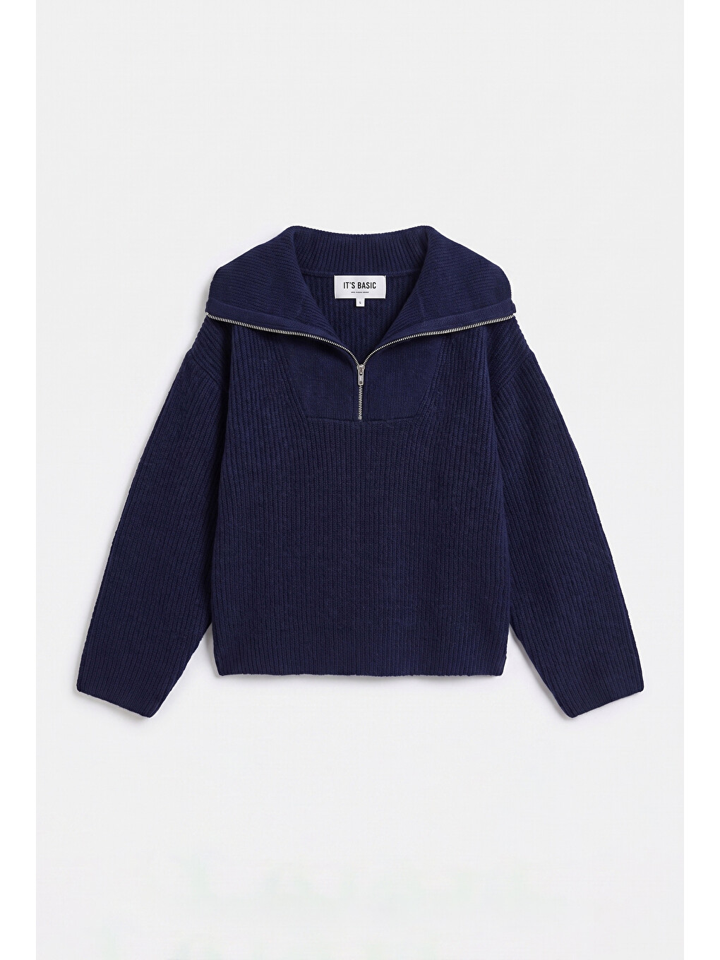 Kadın Lacivert W6-56 Oversize Fermuarlı Triko Kazak-1
