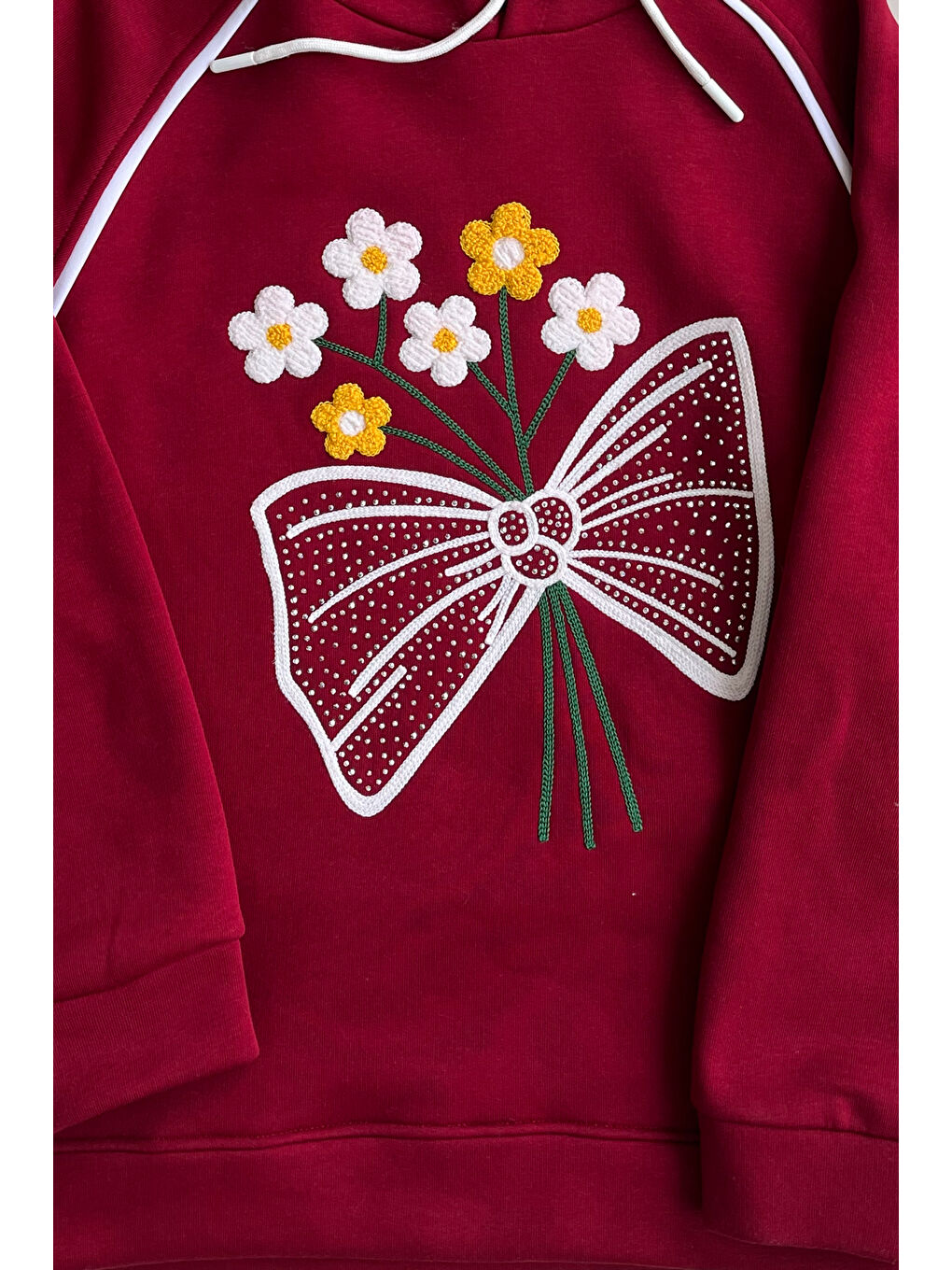 Bordo Kız Çocuk 3 iplik Kapüşonlu Nakış ve Taş Baskılı Paça Sıkma Aparatlı Alt-Üst Takım 12310-3