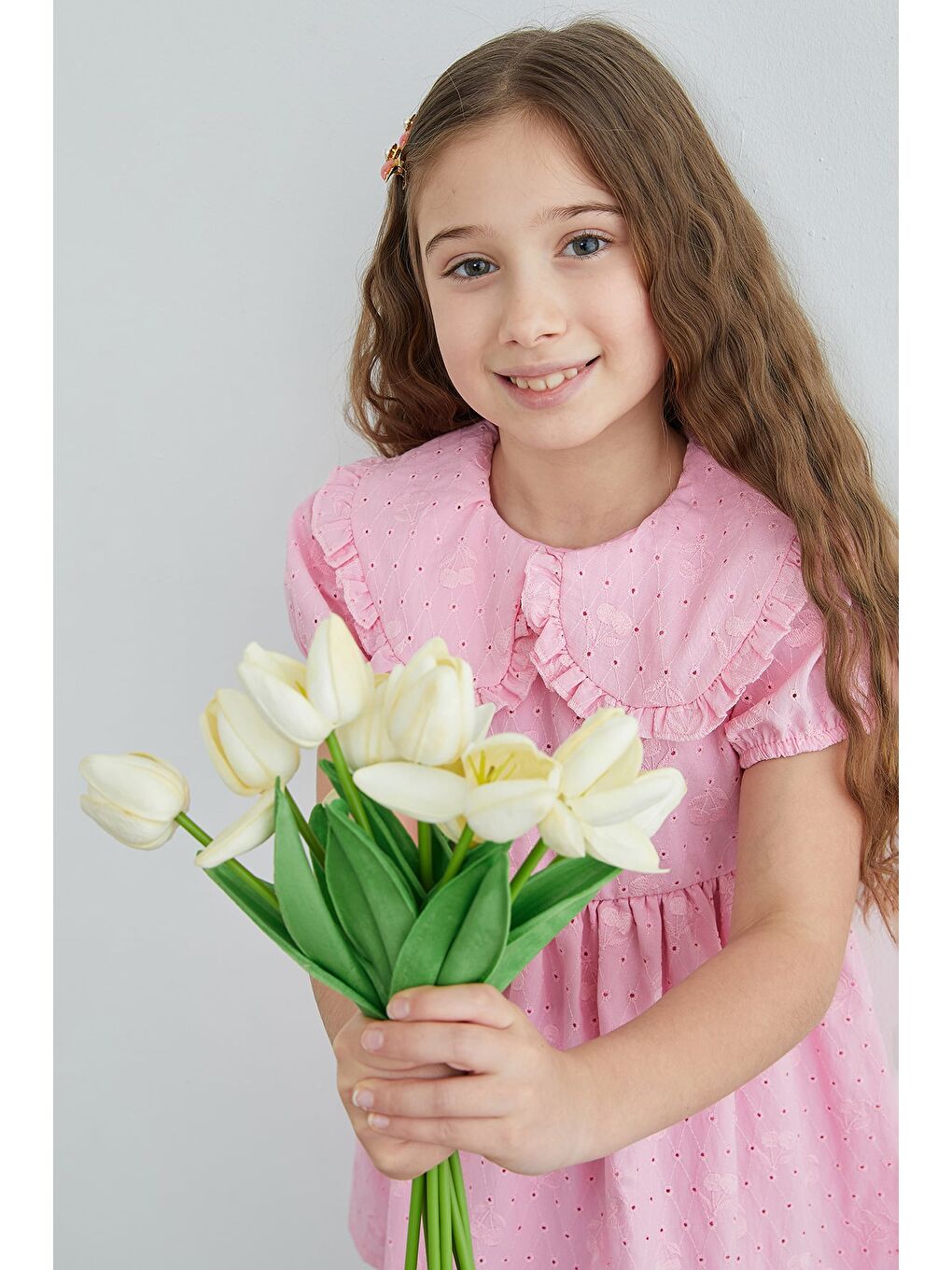 Pembe Kiraz Nakışlı Brode Detaylı Bebe Yaka Kız Çocuk Elbise-1