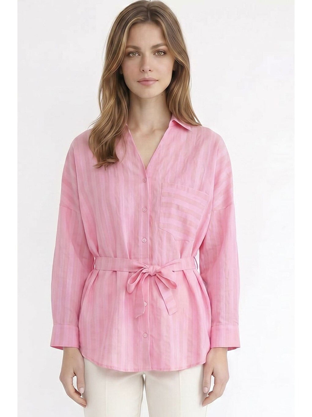 Kadın Oversize Geniş Kesim Uzun Kollu Pamuklu Beli Kuşaklı Çizgili Cepli Pembe Gömlek-7