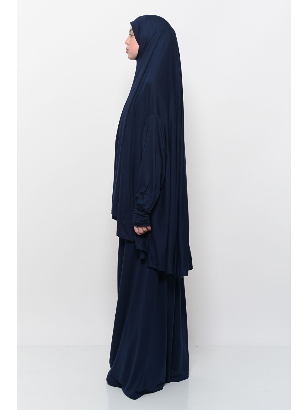 Lacivert İki Parça Pamuklu Yarasa Kollu Başörtülü Organik Terletmez  Elbise-3