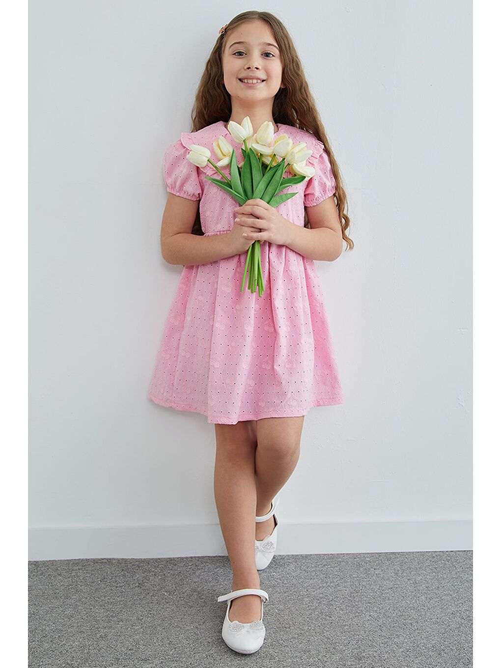 Pembe Kiraz Nakışlı Brode Detaylı Bebe Yaka Kız Çocuk Elbise-2