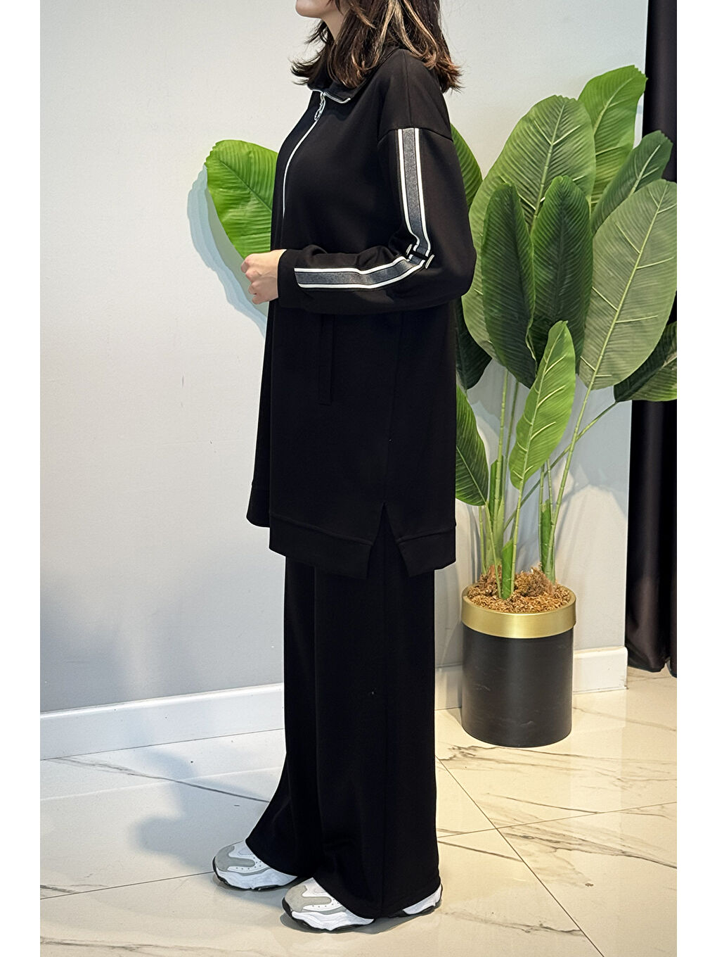 Kolları Şerit Kemer Detay Tunikli Pantolon Takım 2119 Siyah-1