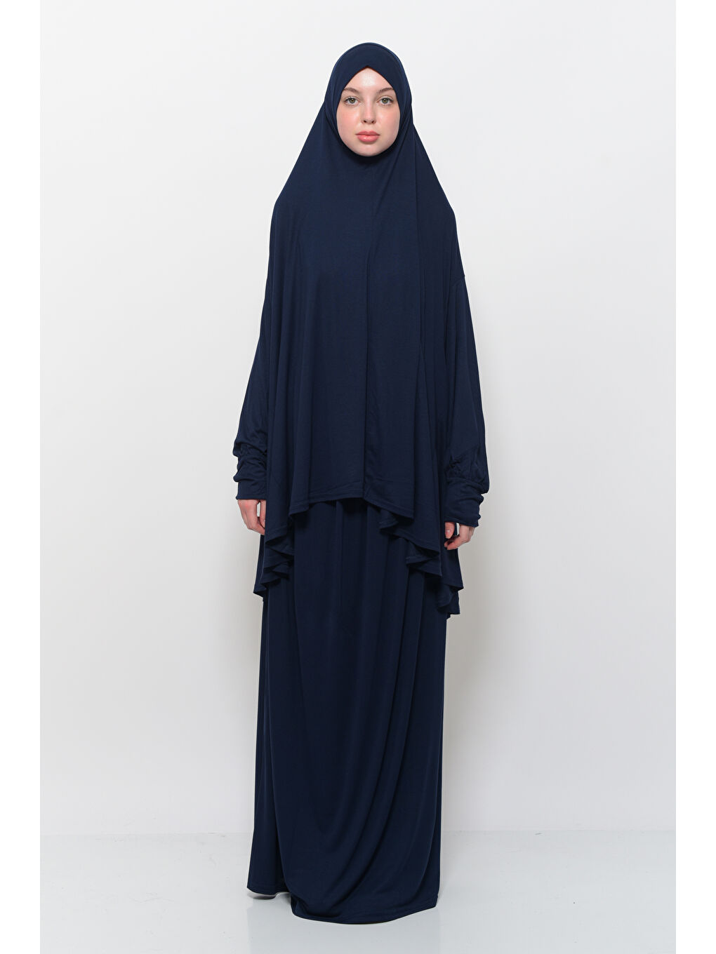Lacivert İki Parça Pamuklu Yarasa Kollu Başörtülü Organik Terletmez  Elbise-4