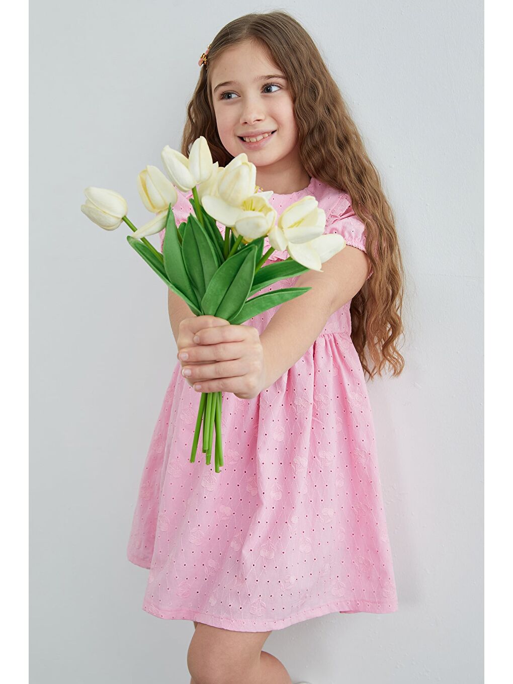 Pembe Kiraz Nakışlı Brode Detaylı Bebe Yaka Kız Çocuk Elbise-3