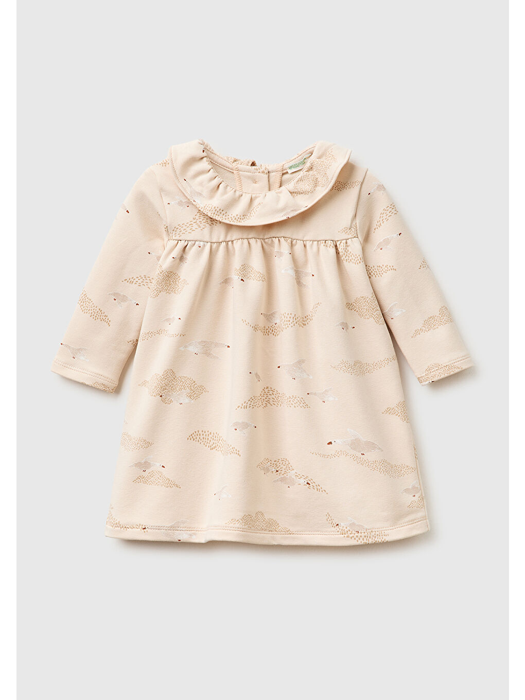 Karışık Bebek Baskılı Arkası Düğmeli Uzun Kollu Fırfırlı Yaka Elbise